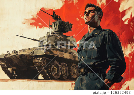 Full-length male infantry troop in uniform stands before a modern combat vehicle in bold 1950s pin-up poster style 126352498