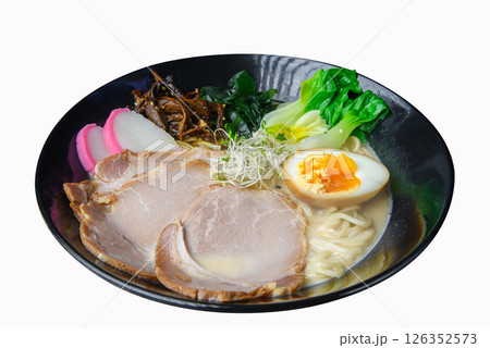 Japanese chashu ramen with egg, sprouts, and greens in clean bowl Japanese chashu ramen with egg, sprouts, and greens in clean bowl 126352573