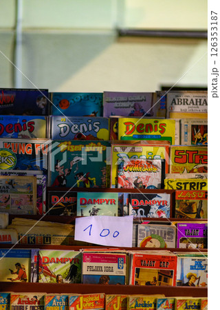 Second-hand books, comics and LP records street stall in pedestrian Knez Mihailova street in Belgrade, Serbia 126353187