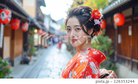 着物を着て古都を散策する若い女性 着物を着て古都を散策する若い女性 126353244