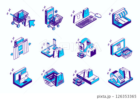 Online shopping concept 3d isometric icons set for web isometry design. Collection elements of order in cart, credit card payment, sale in store, internet shop, e-commerce, more. Vector illustration. 126353365