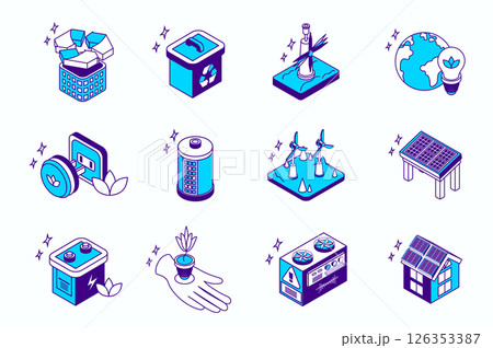 Clean energy concept 3d isometric icons set for web isometry design. Collection elements of recycling, wind turbine, global electricity, battery, solar panel, smart home, more. Vector illustration. 126353387
