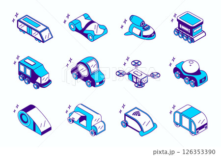 Autonomous vehicles concept 3d isometric icons set for web isometry design. Collection elements of driverless train, electric car, flying drone, wireless smart transport, more. Vector illustration. 126353390