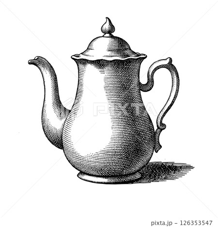 Hand drawn tea kettle illustration in engraving style for menu or cafe. Black vintage pot isolated on white background Hand drawn tea kettle illustration in engraving style for menu or cafe. Black vintage pot isolated on white background 126353547