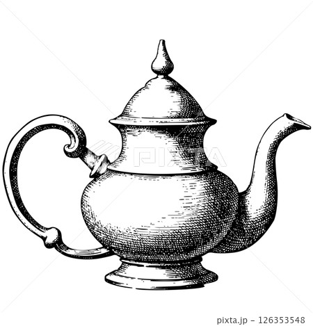 Hand drawn tea kettle illustration in engraving style for menu or cafe. Black vintage pot isolated on white background 126353548