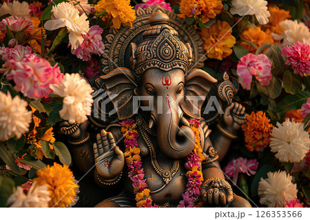 Bright holiday composition for happy Ganesh Chaturthi, abstract vivid composition consists of fictional unreal fantastic vision on background 126353566
