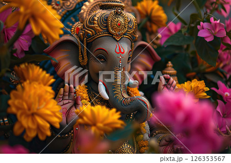 Bright holiday composition for happy Ganesh Chaturthi, abstract vivid composition consists of fictional unreal fantastic vision on background 126353567