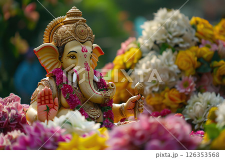 Bright holiday composition for happy Ganesh Chaturthi, abstract vivid composition consists of fictional unreal fantastic vision on background 126353568