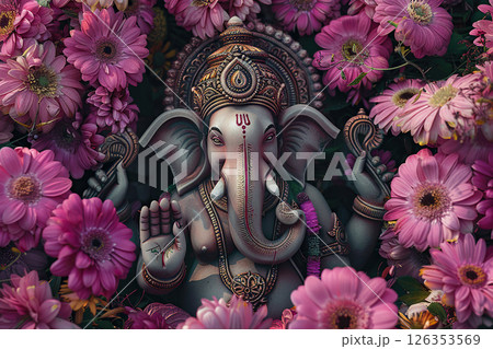 Bright holiday composition for happy Ganesh Chaturthi, abstract vivid composition consists of fictional unreal fantastic vision on background 126353569