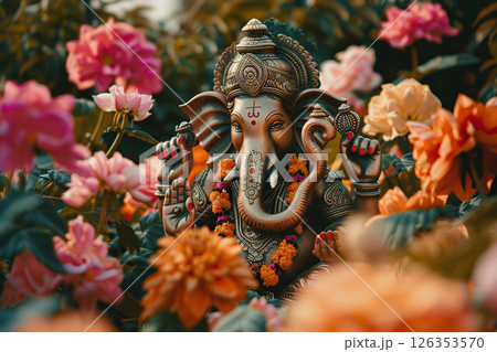 Bright holiday composition for happy Ganesh Chaturthi, abstract vivid composition consists of fictional unreal fantastic vision on background 126353570