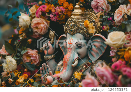Bright holiday composition for happy Ganesh Chaturthi, abstract vivid composition consists of fictional unreal fantastic vision on background 126353571
