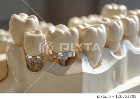 Dental implant positioned securely in the jaw surrounded by natural teeth demonstrating effective oral restoration 126353789
