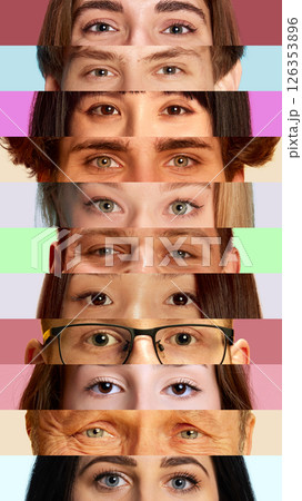 Vertical collage of close-up eyes isolated on pastel-colored horizontal stripes, showing diverse expressions. Vertical collage of close-up eyes isolated on pastel-colored horizontal stripes, showing diverse expressions. 126353896
