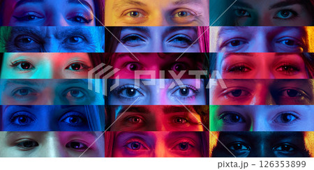Horizontal stripe collage showing different human eyes under colorful neon lighting, expressing emotional diversity. Horizontal stripe collage showing different human eyes under colorful neon lighting, expressing emotional diversity. 126353899