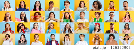 Grid collage of people showing expressive emotions of surprise, laughter, shouting against colorful backgrounds. 126353902