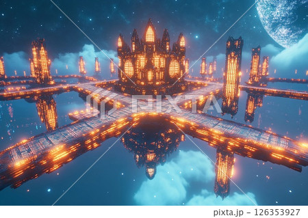 Floating city with geometric design illuminated at dusk above a tranquil landscape 126353927