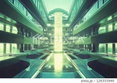 Futuristic university campus designed around glowing architecture and vibrant illumination during twilight hours 126353940