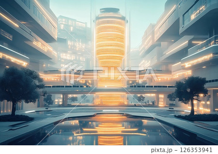 Futuristic university campus designed around glowing architecture and vibrant illumination during twilight hours 126353941