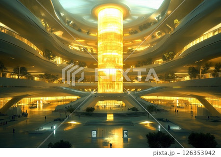 Futuristic university campus designed around glowing architecture and vibrant illumination during twilight hours 126353942