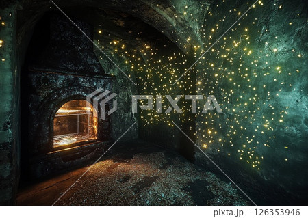 Underwater oven surrounded by magical fireflies illuminating the ancient walls in a mystical setting 126353946
