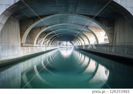 Vaulted bridge structure creates stunning mirror reflection beneath in calm water during early morning light 126353985