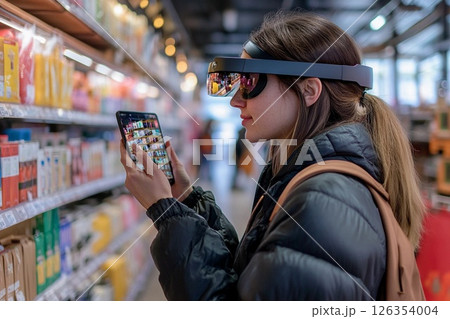Shopper explores supermarket aisles with augmented reality glasses for product information and details 126354004