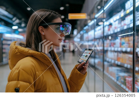 Shopper explores supermarket aisles with augmented reality glasses for product information and details Shopper explores supermarket aisles with augmented reality glasses for product information and details 126354005