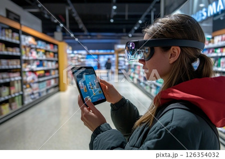 Shopper explores supermarket aisles with augmented reality glasses for product information and details Shopper explores supermarket aisles with augmented reality glasses for product information and details 126354032