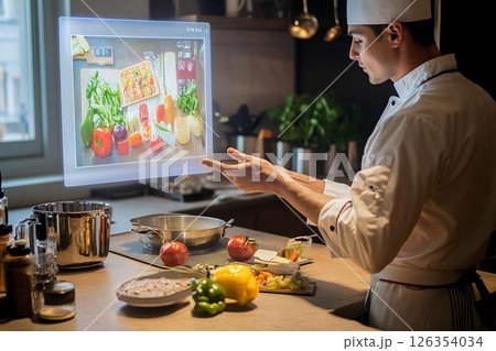 Chef engages with holographic recipe book while preparing meals in a modern kitchen 126354034