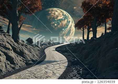 Magical road leads through a cosmic landscape toward distant planets in a starry night sky 126354039