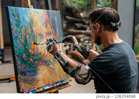 Creative artist with prosthetic arms passionately expresses himself through painting in an art studio space during daytime 126354098
