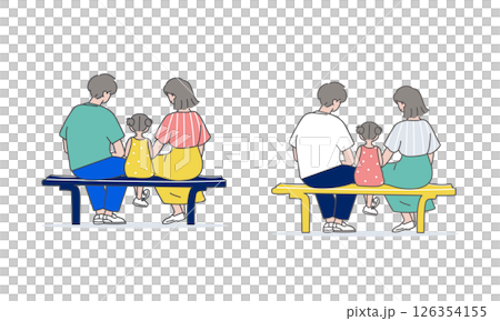 公園ベンチ親子の後ろ姿セット 126354155