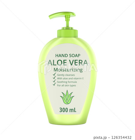 Hand Soap Bottle, Aloe Vera with Pump Dispenser. 3D rendering Hand Soap Bottle, Aloe Vera with Pump Dispenser. 3D rendering 126354432
