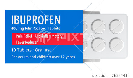 Ibuprofen, Blister Pack. Pain relief, anti-inflammatory, fever reducer. 3D rendering Ibuprofen, Blister Pack. Pain relief, anti-inflammatory, fever reducer. 3D rendering 126354433