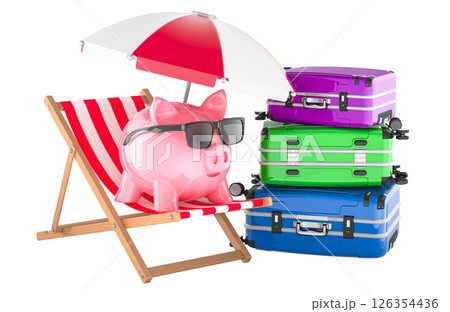 Piggy bank in sunglasses on beach chair under umbrella with luggage. Saving money and budget planning for vacation, concept. 3D rendering Piggy bank in sunglasses on beach chair under umbrella with luggage. Saving money and budget planning for vacation, concept. 3D rendering 126354436