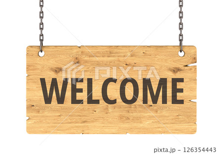 Wooden Welcome Sign Hanging on Chains. 3D rendering Wooden Welcome Sign Hanging on Chains. 3D rendering 126354443