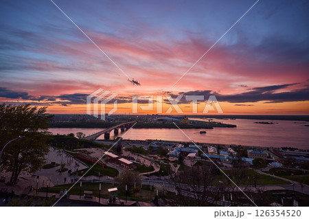 Sunset Over Strelka: Kanavinsky Bridge and Alexander Nevsky Cathedral 126354520