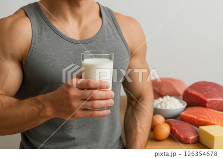 Muscular man holding glass milk with high protein Muscular man holding glass milk with high protein 126354678