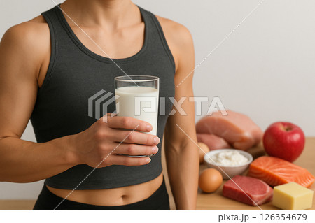 Fit woman holding milk glass with protein food 126354679