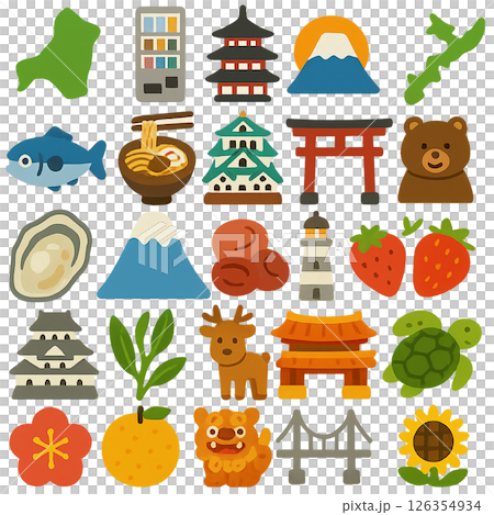 かわいい手描きのタッチの都道府県イラストセット 126354934