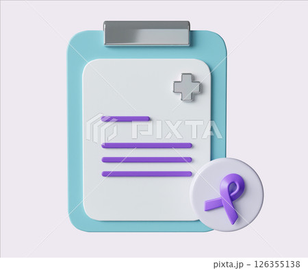 Medical Clipboard with Purple Ribbon . World Cancer Day concept, February 4. Raise awareness, prevention, detection, treatment. Icon design 3d illustration Medical Clipboard with Purple Ribbon . World Cancer Day concept, February 4. Raise awareness, prevention, detection, treatment. Icon design 3d illustration 126355138
