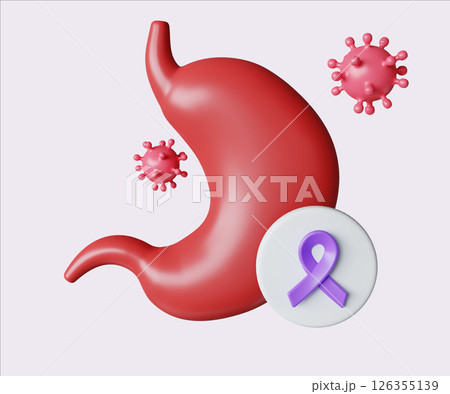 Stomach Cancer Awareness with Purple Ribbon. World Cancer Day concept, February 4. Raise awareness, prevention, detection, treatment. Icon design 3d illustration 126355139