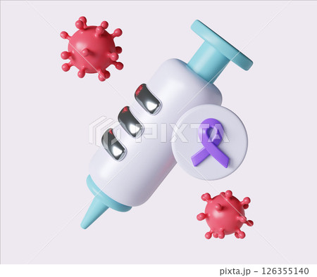 Vaccine Syringe with Purple Ribbon for Cancer Awareness. World Cancer Day concept, February 4. Raise awareness, prevention, detection, treatment. Icon design 3d illustration 126355140
