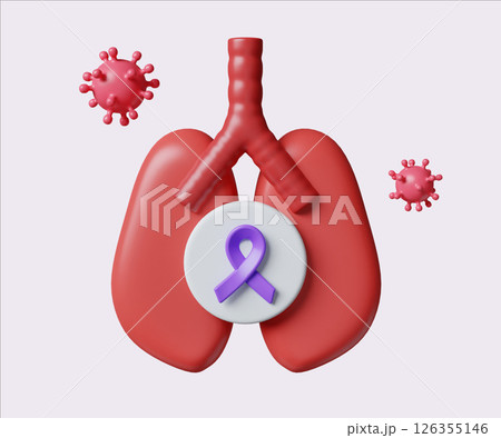 Lung Cancer Awareness Concept with Purple Ribbon. World Cancer Day concept, February 4. Raise awareness, prevention, detection, treatment. Icon design 3d illustration Lung Cancer Awareness Concept with Purple Ribbon. World Cancer Day concept, February 4. Raise awareness, prevention, detection, treatment. Icon design 3d illustration 126355146