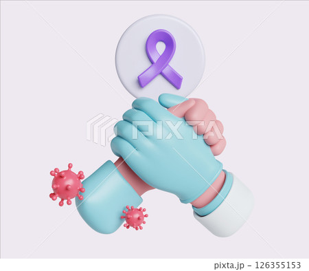 Handshake Symbolizing Partnership in Cancer Awareness. World Cancer Day concept, February 4. Raise awareness, prevention, detection, treatment. Icon design 3d illustration 126355153