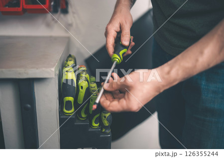 Man Choosing A Screwdriver In Screwdriver Set 126355244
