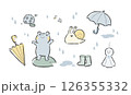 梅雨のかわいい動物とアイテムの手描き風イラストセット 126355332