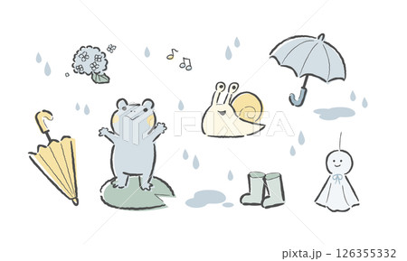 梅雨のかわいい動物とアイテムの手描き風イラストセット 梅雨のかわいい動物とアイテムの手描き風イラストセット 126355332
