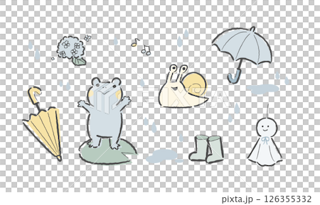 Set of hand-drawn illustrations of cute animals and items for the rainy season 126355332