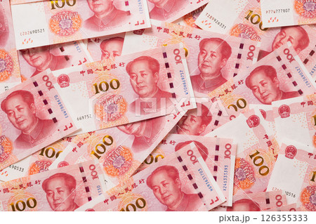Many of different Chinese yuan banknotes. Chinese paper currency Yuan renminbi banknotes as background. 126355333